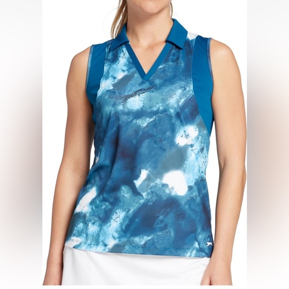 Slazenger Marble Pin Tuck Sleeveless Golf Polo Blue Medium sleeveless V- neck - Picture 9 of 9